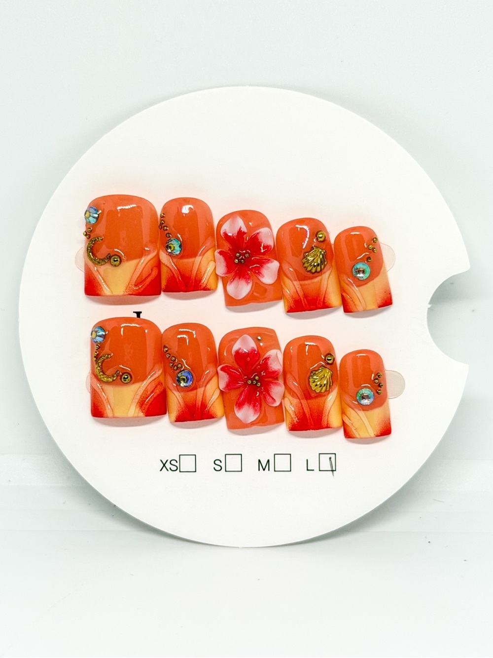 Orange Floral Rhinestone Press-On Nail Set - Women Accessories